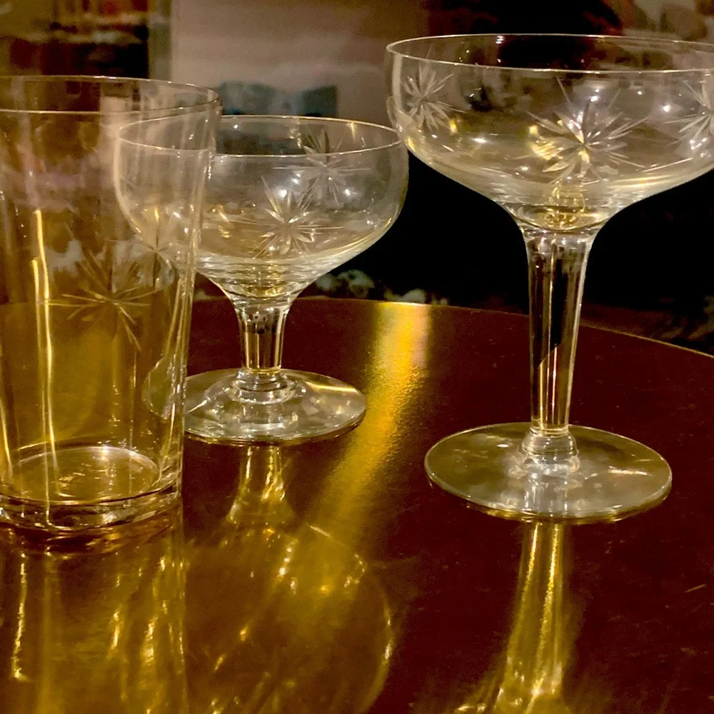 Fostoria sunburst juice, small coupe, large coupe glasses - Picture 1 of 9
